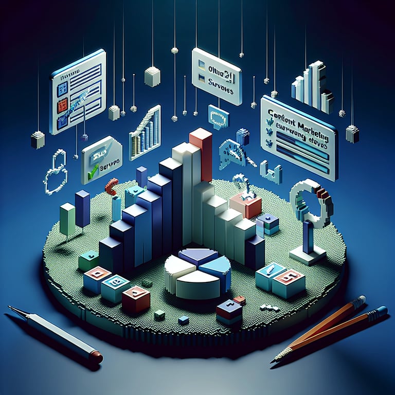 3D voxel art depicting online content marketing surveys on a dark blue background.