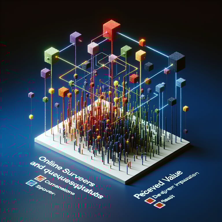 3D voxel art depicting the concept of online perceived value surveys on a dark blue background.