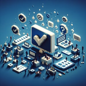 3D voxel art depicting online survey concept, with dark blue background, for prep use surveys.