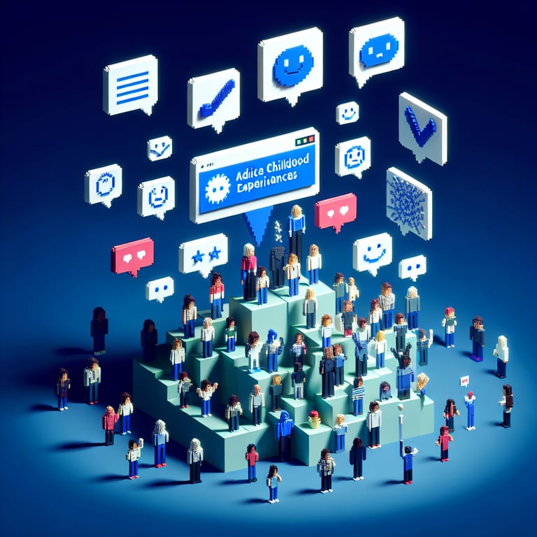 3D voxel art depicting online surveys related to adverse childhood experiences on a dark blue background.