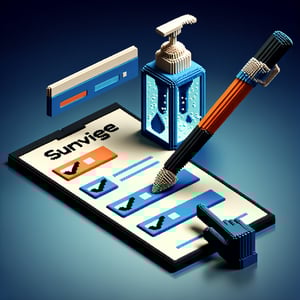 3D voxel art depicting online hand sanitizer survey process on a dark blue background.