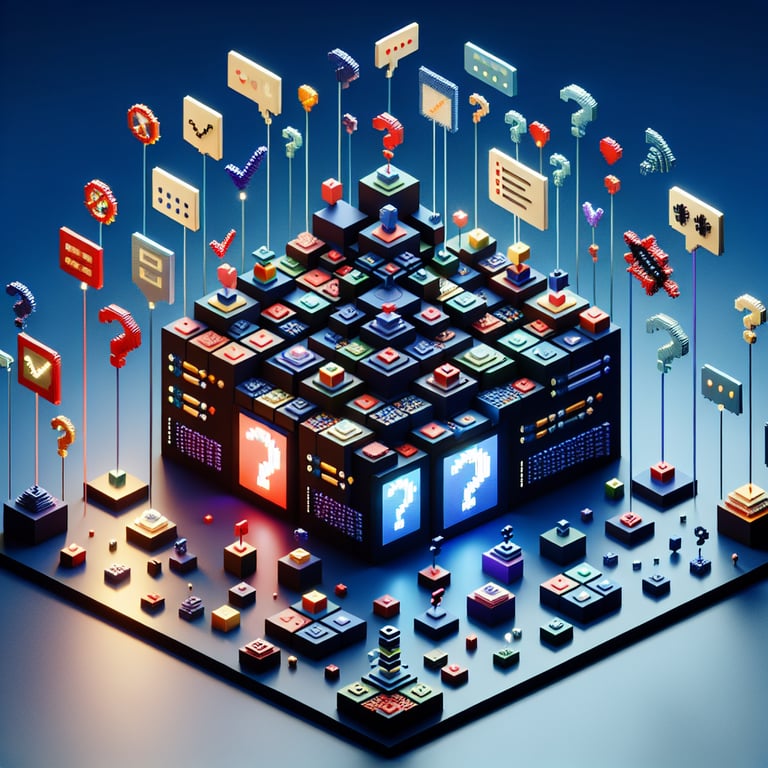 3D voxel art depicting online surveys, symbolizing CNA state survey questions, against a dark blue background.