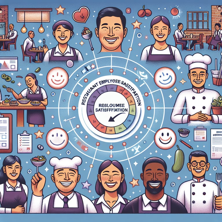 Illustration highlighting key topics in Restaurant Employee Satisfaction survey questions.