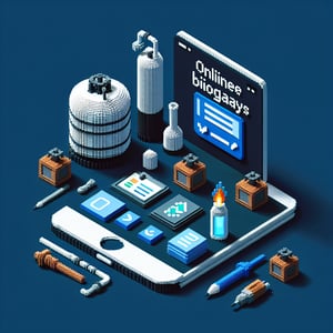 3D voxel art illustrating online biogas surveys with a dark blue background.