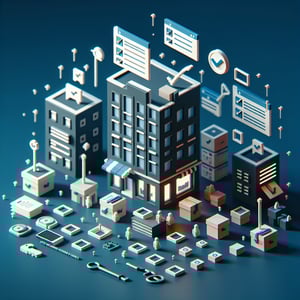 3D voxel art depicting online apartment market surveys on a dark blue background.