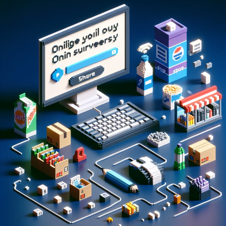 3D voxel art depicting online surveys concept, with dark blue background, for convenience store surveys.