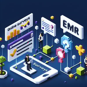 3D voxel art depicting online EMR surveys on a dark blue background.