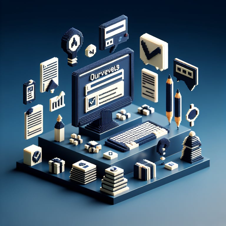 3D voxel art of online surveys, symbolizing cokllege course survey questions on a dark blue background.