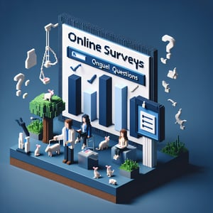 3D voxel art depicting online survey concept with animal testing theme on a dark blue background.