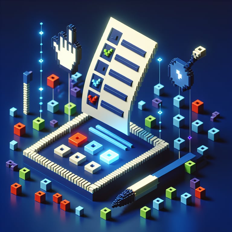 3D voxel art depicting online decision-making surveys on a dark blue background.