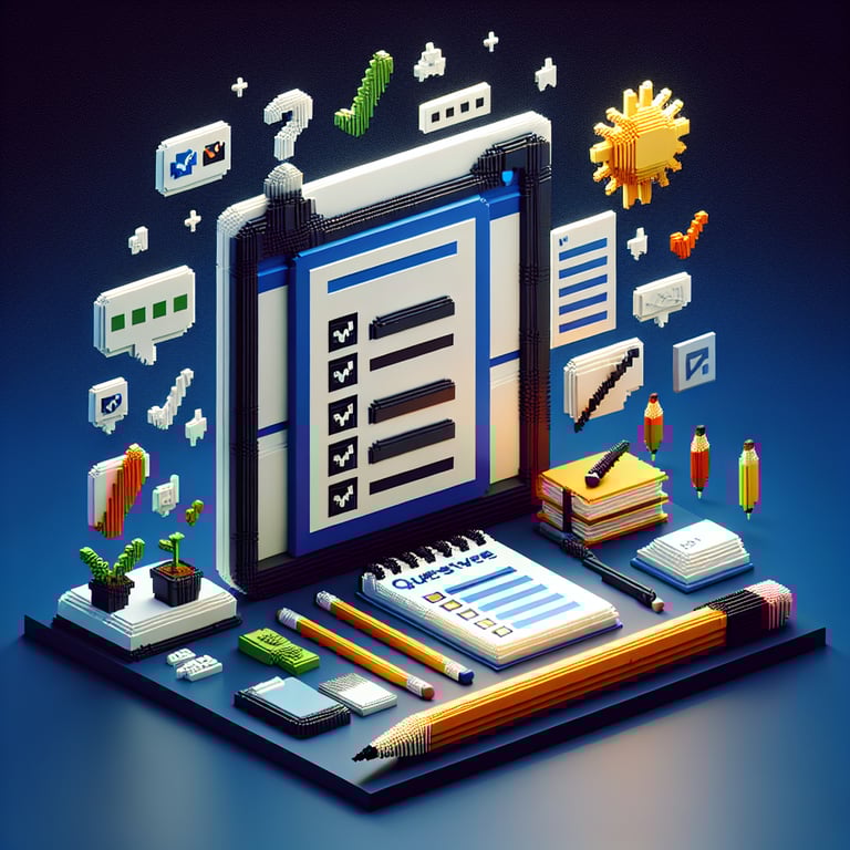 Artistic 3D voxel artwork of an online survey interface, reflecting class 8 achievement testing themes