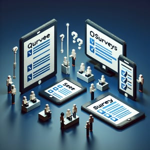 3D voxel art of online survey elements on a dark blue background, symbolizing employee survey creation.