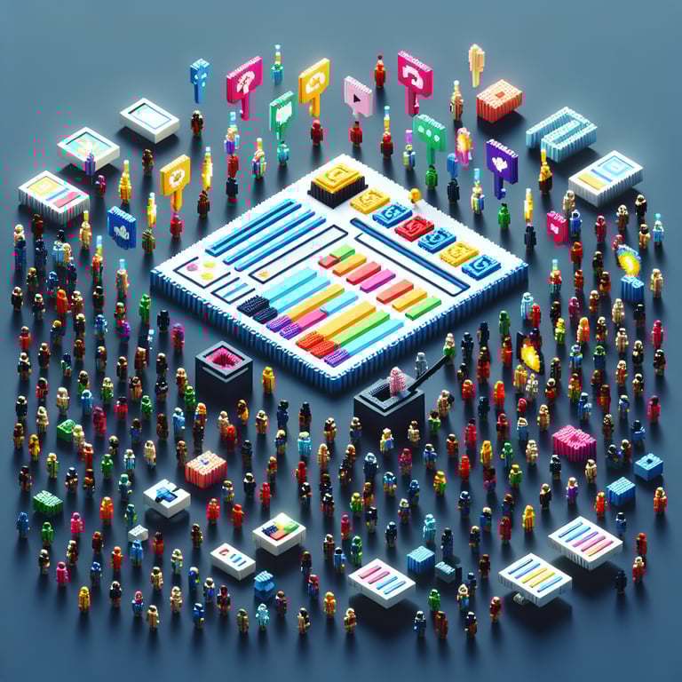 3D voxel art illustrating the concept of online event examples surveys on a dark blue background.