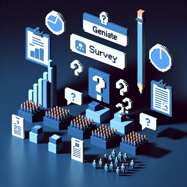 3D voxel art depicting online surveys and questions on a dark blue background.