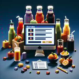 3D voxel art depicting online fruit juice survey concept on a dark blue background.