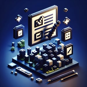 3D voxel art depicting online surveys and questions on a dark blue background, suitable for student surveys.