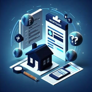 3D voxel art depicting online mortgage survey concept on a dark blue background.