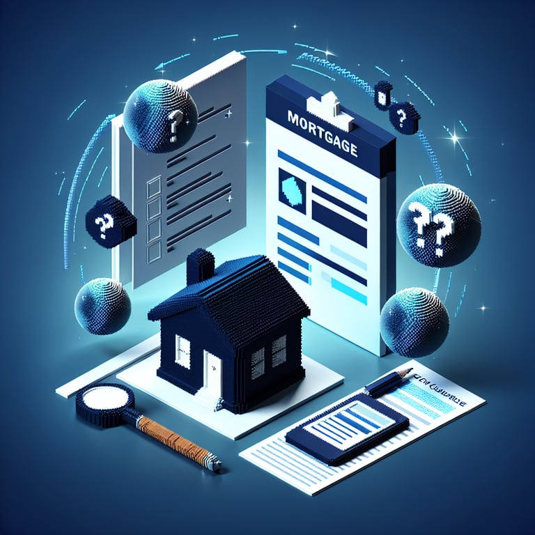 3D voxel art depicting online mortgage survey concept on a dark blue background.