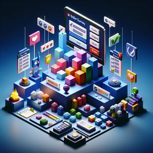 3D voxel art depicting the concept of online installation survey questions on a dark blue background.