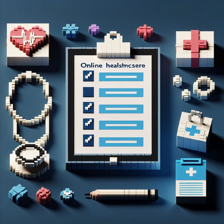 3D voxel art depicting the concept of online healthcare compliance surveys on a dark blue background.