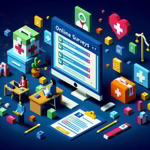 3D voxel art depicting online survey concept on a dark blue background, representing employee health plans.