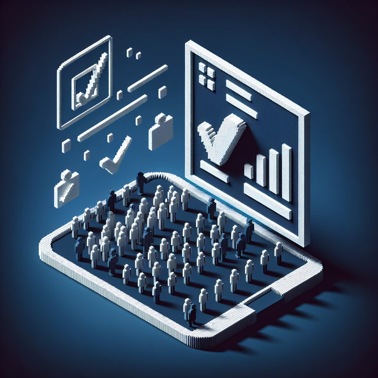 3D voxel art depicting online brand equity surveys on a dark blue background.