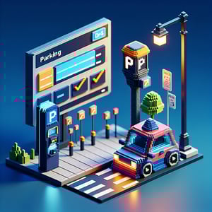 3D voxel art depicting the concept of online parking surveys on a dark blue background.