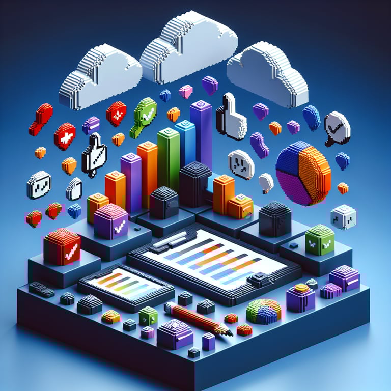 3D voxel art depicting online consumer satisfaction survey process on a dark blue background.