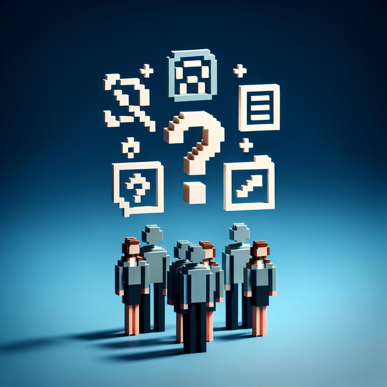 3D voxel art depicting online media surveys against a dark blue background.