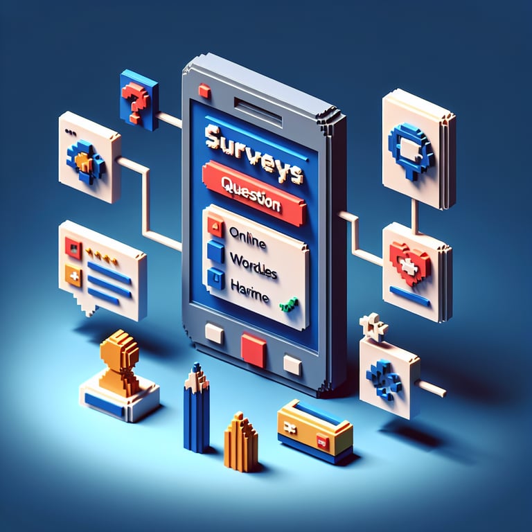 3D voxel art depicting online HR department surveys against a dark blue background.