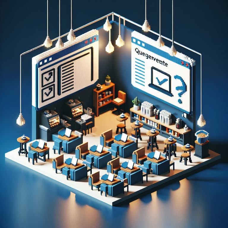 3D voxel art depicting online coffee house surveys, with a dark blue background.