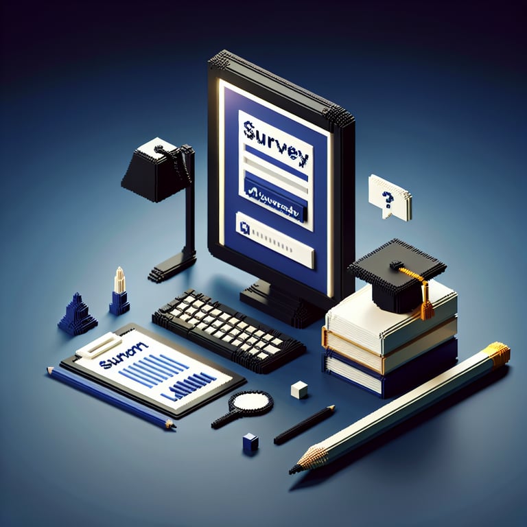 3D voxel art depicting online surveys, set against a dark blue background, for higher education.