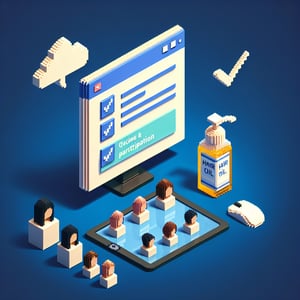 3D voxel art depicting online hair oil survey with a dark blue background.