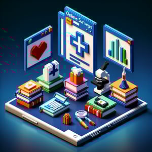 3D voxel art depicting online career choice surveys on a dark blue background.