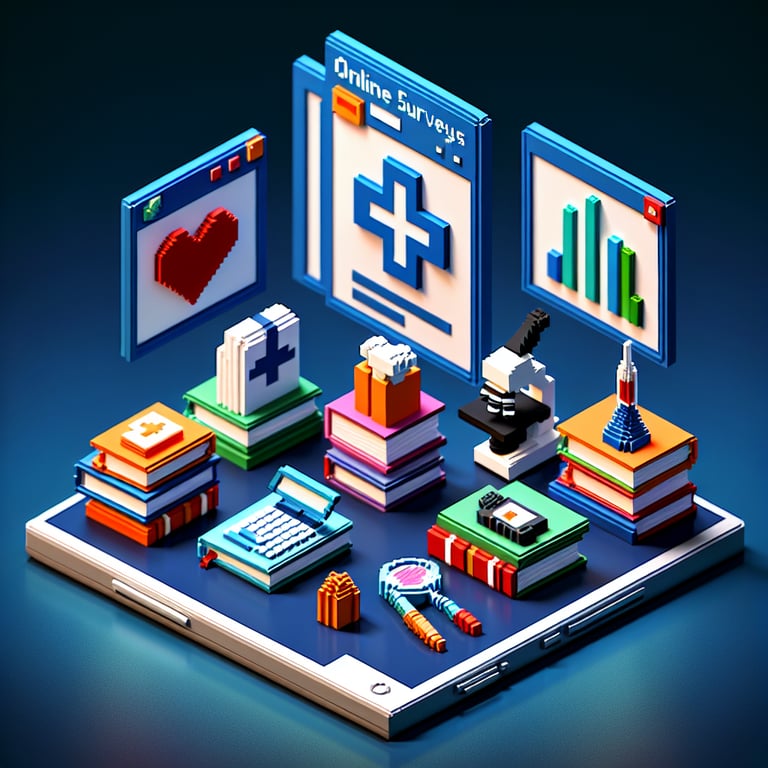 3D voxel art depicting online career choice surveys on a dark blue background.