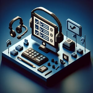 3D voxel art illustrating online call center satisfaction surveys with a dark blue background.