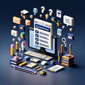 3D voxel art depicting online surveys related to K-12 education in the Philippines on a dark blue background.