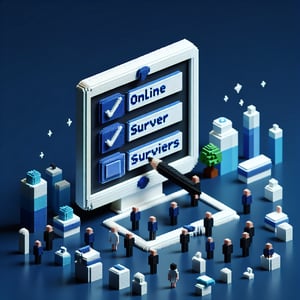 3D voxel art depicting online surveys about lack of confidence on a dark blue background.