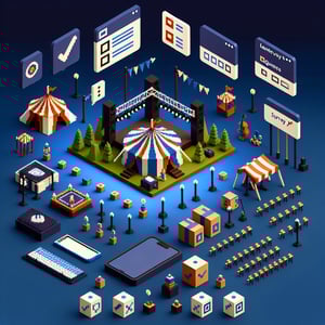 3D voxel art depicting online post-festival survey process on a dark blue background.