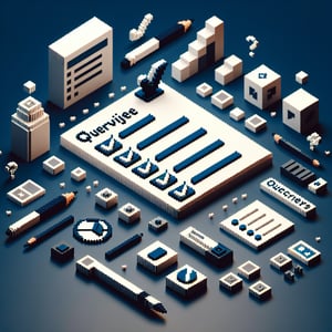 3D voxel art depicting online surveys and questions with a dark blue background.