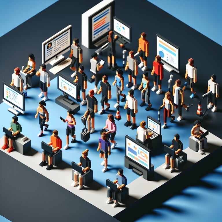 3D voxel art depicting online activewear surveys on a dark blue background.
