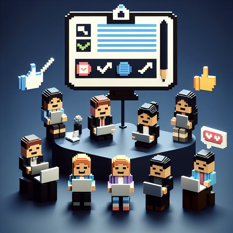3D voxel art depicting online customer satisfaction surveys on a dark blue background.