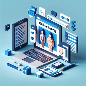 3D voxel art depicting online surveys on social media