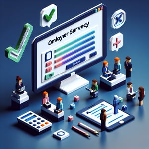 3D voxel art depicting online employee customer service surveys on a dark blue background.
