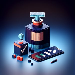3D voxel art depicting online perfume surveys with a dark blue background.