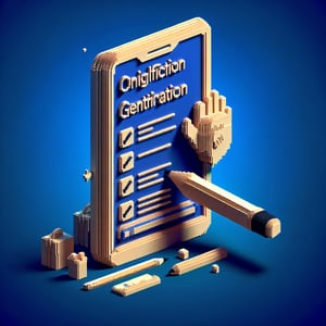 3D voxel art depicting online gentrification survey process on a dark blue background.