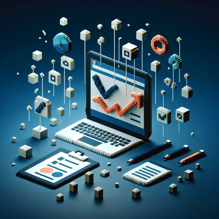 3D voxel art depicting the concept of online program feedback surveys on a dark blue background.