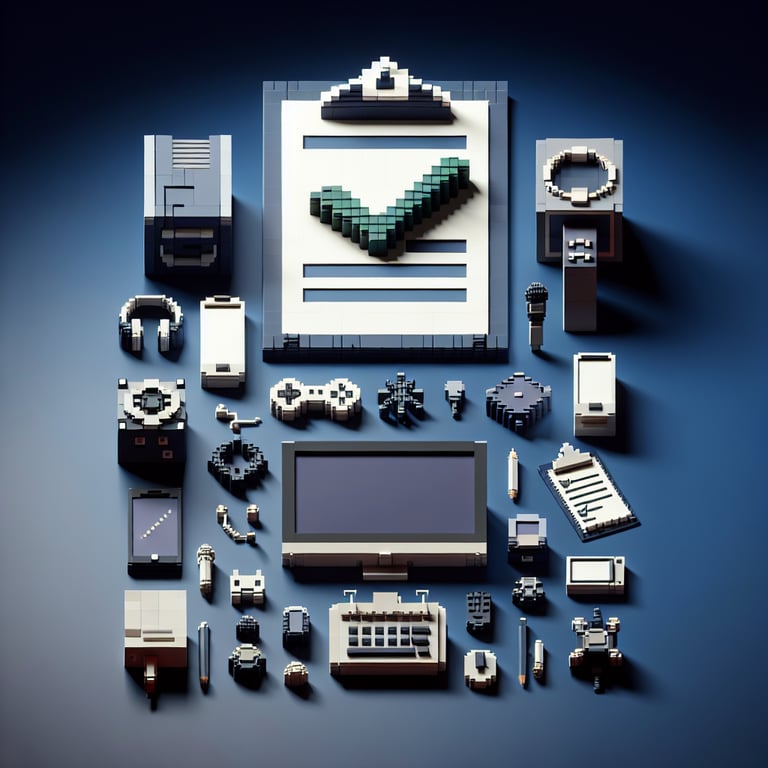 3D voxel art depicting an online gadget survey concept on a dark blue background.