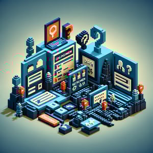 3D voxel art depicting online survey concept on a dark blue background for hiring manager recruitment.