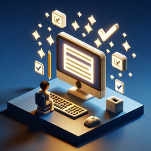 3D voxel art depicting online customer surveys, set against a dark blue background.